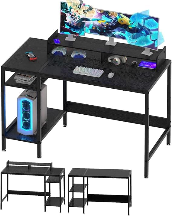 MINOSYS Computer Desk - 47” Gaming Desk, Home Office Desk with Storage, Small Desk with Monitor Stand, Storage Space-Savor, Modern Table, Black.